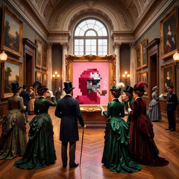 An artistic scene in an ornate classical gallery where elegantly dressed Victorian-era figures in formal attire and elaborate hats admire a large golden-framed pixel art painting of a face with sunglasses against a pink background.