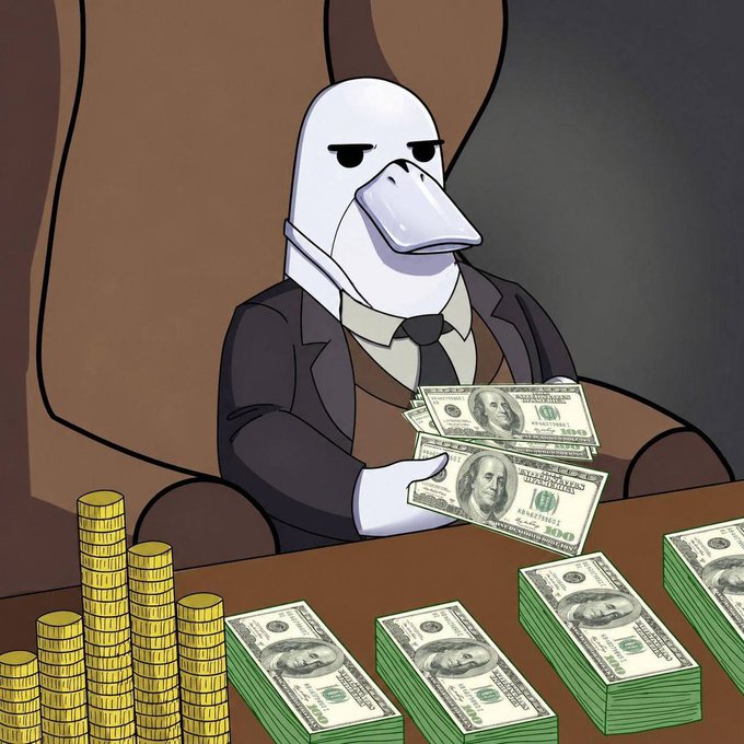 An anthropomorphic duck in a business suit counts $100 bills and stacks of gold coins at a desk, symbolizing the potential profits ("counting money") referenced in the post about Solana memecoins.