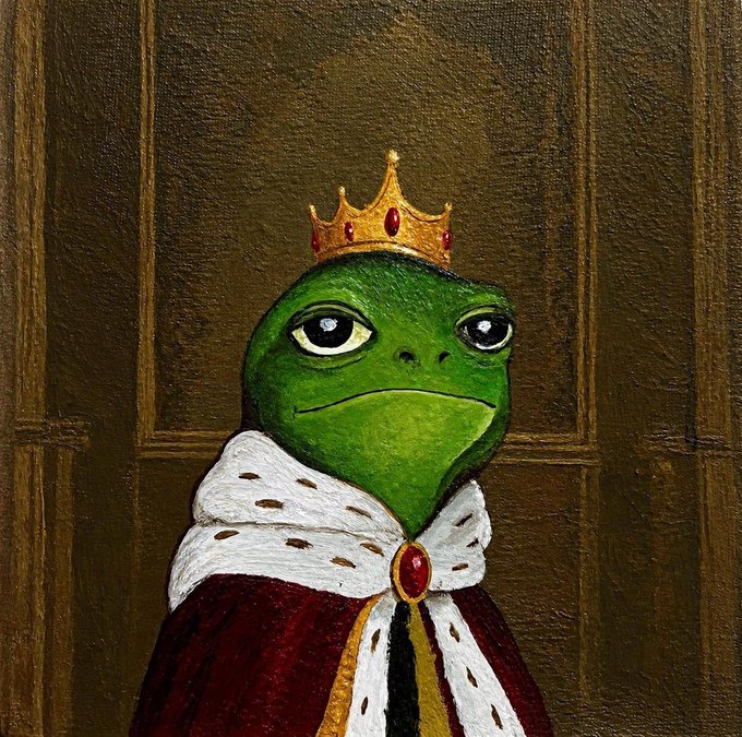 A painting of a green frog wearing a golden crown and a red royal cape with white fur trim, set against a dark wooden background, styled after the famous 'Pepe the Frog' meme.