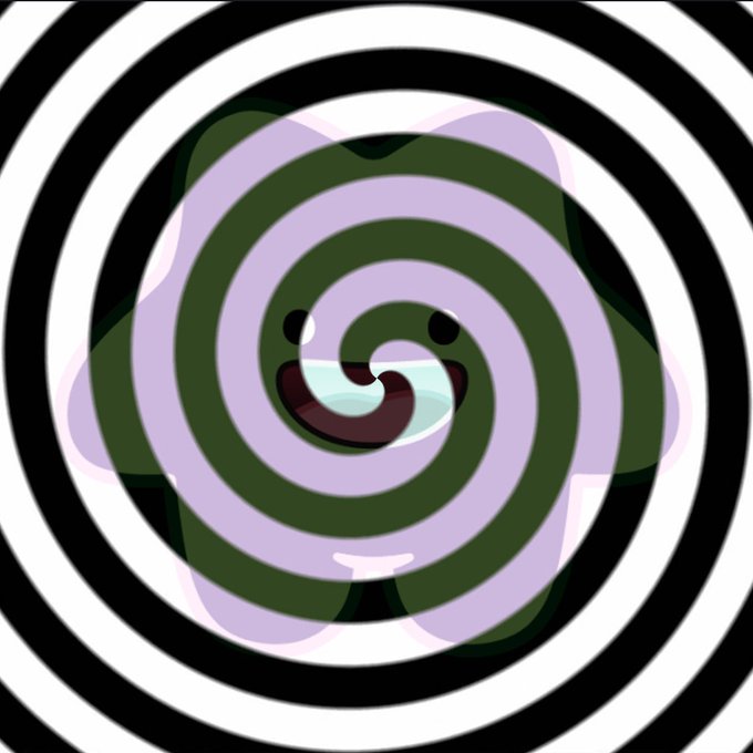 A hypnotic spiral pattern in black, white, green, and purple, overlaid with a faintly visible cartoonish smiling face with eyes and a tongue.