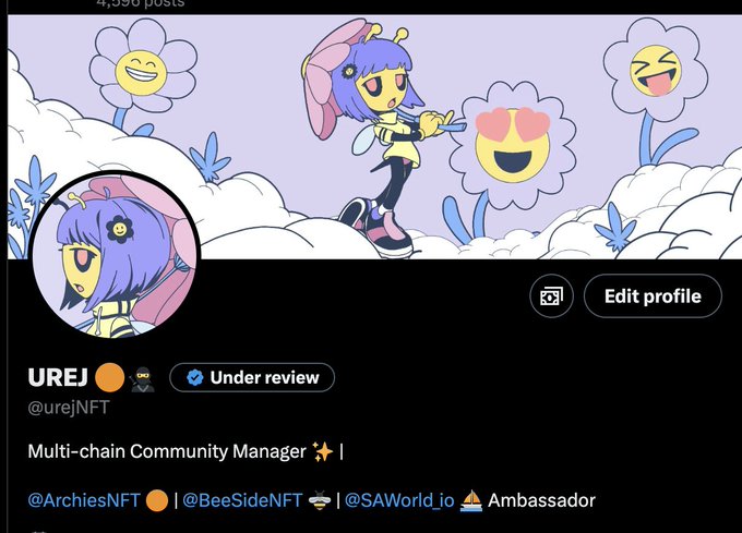 Screenshot of UREJ’s NFT profile, showing the username “UREJ,” the handle “@urejNFT,” an “Under review” badge, and the bio “Multi-chain Community Manager.”