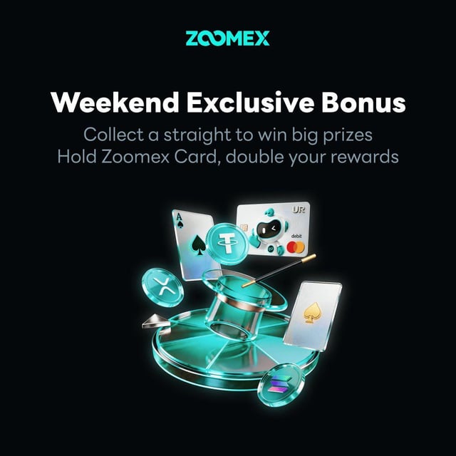 The image displays a poster promoting a weekend exclusive bonus at a betting site, specifically an offer for users of the Zomex platform. The poster features three images of playing cards arranged around a blue glass table centerpiece. One card is placed horizontally in front of another card, which is positioned vertically on top of one more card. All the cards are pointing towards the bottom center of the image. 

The text on the poster reads: "Weekend Exclusive Bonus - Collect a straight to win big prizes! Hold Zoomex Card, double your rewards". The website where these offers can be found is also listed at the top right corner and below it, the title "ZoomEx" is written in smaller white text.