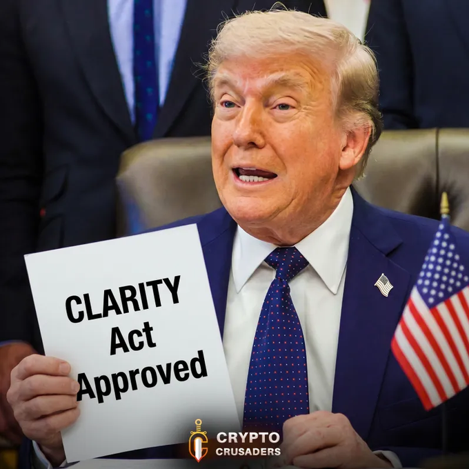 Donald Trump holds a paper that reads "CLARITY Act Approved," symbolizing potential advancements in cryptocurrency regulation as suggested by the accompanying post regarding White House officials meeting with US Senators. The image also features the Crypto Crusaders logo.
