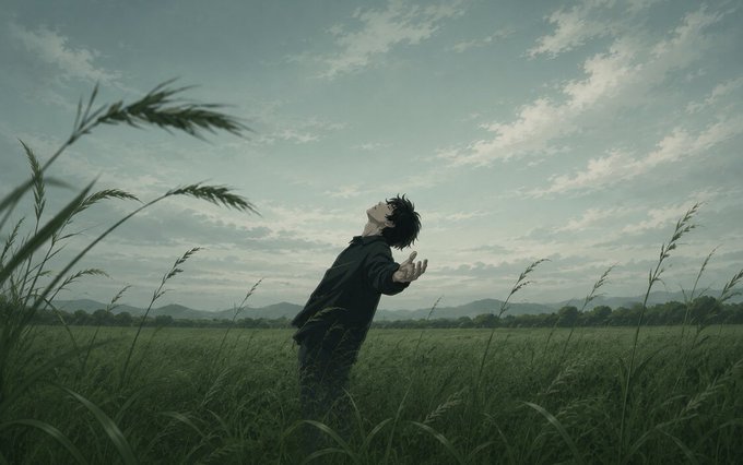 A young man in a black suit stands in a grassy field with his head tilted back and arms outstretched toward a cloudy sky.