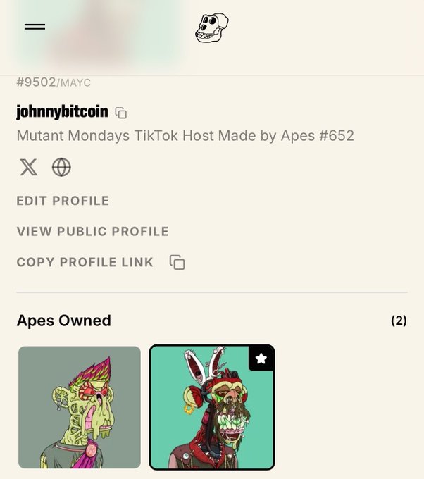 The image shows a cell phone screen with a social media app open, displaying a list of posts from an account named "Johnny Bit Coin". The first post is about a monkey wearing a hat, while the second post features a cartoon character dressed in a costume. The third post is about a meme or joke related to the monkey and the costume. The fourth post is about a goal for the day, which seems to be related to the monkey's hat. The fifth post is about an account named "Ape Owned" with a star icon next to it.