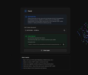 The image shows a Faucet interface for Canopy (CNPY) Network, where users can claim test tokens (CNPY at 0.0218000a) using a test EVM wallet. The post highlights Canopy as an AI coding agent project and encourages users to complete the faucet and "How it works" tasks (signing in with EVM wallet, creating a CNPY wallet, etc.) to potentially qualify for a future $CNPY airdrop.