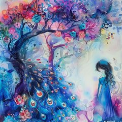 A colorful, abstract digital painting depicting a dark tree with peacock-like feather designs beside a silhouette of a girl in a blue dress.