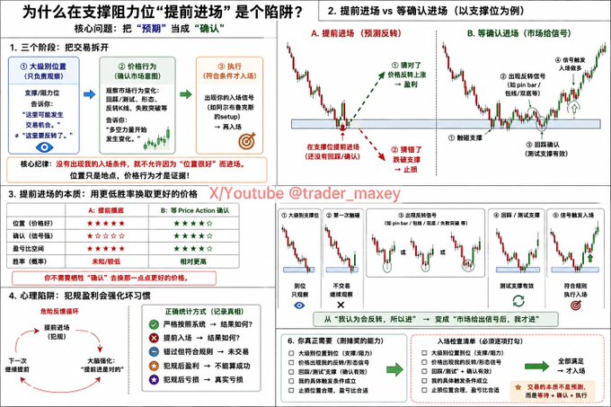 A detailed Chinese-language trading infographic titled "为什么在支撑阻力位'提前进场'是个陷阱？" (Why "early entry" at support/resistance is a trap), illustrating six pitfalls of premature entries at support levels—including mistaking anticipation for confirmation—and comparing them to proper waiting-for-confirmation strategies through candlestick chart examples and a side-by-side quality rating chart. The watermark credits "X/Youtube @trader_maxey," and the image visually reinforces the post's warning that early entries, driven by fear of missing out, often lead to losses before proper price action signals appear.