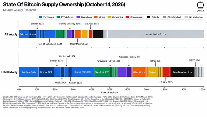 Galaxy Research’s “State of Bitcoin Supply Ownership (October 14, 2026)” chart breaks down all 20,097,788 BTC and the 12,353,588 labeled BTC by exchanges, ETFs & funds, custodians, miners, companies, governments, and known or unattributed wallets. It supports the post’s claim that 11.1M BTC—55.1% of supply—is “No attribution,” while known institutional holdings include BlackRock 1.1M BTC, U.S. Government 307K, Coinbase 247K, Tether 97K, and Robinhood 185K.