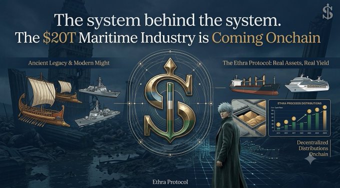A promotional graphic for Ethra Protocol stating 'The system behind the system. The $20T Maritime Industry is Coming Onchain,' featuring ancient ships, modern vessels, and an anime-style character against a dark, tech-inspired background.