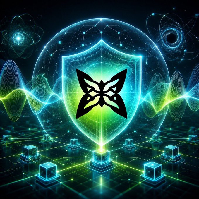 A glowing neon shield with a butterfly emblem is surrounded by waves, atomic structures, and a grid of quantum-lit cubes, symbolizing quantum security. The imagery reinforces the post's emphasis on Quip Network's quantum-resistant wallets and infrastructure.