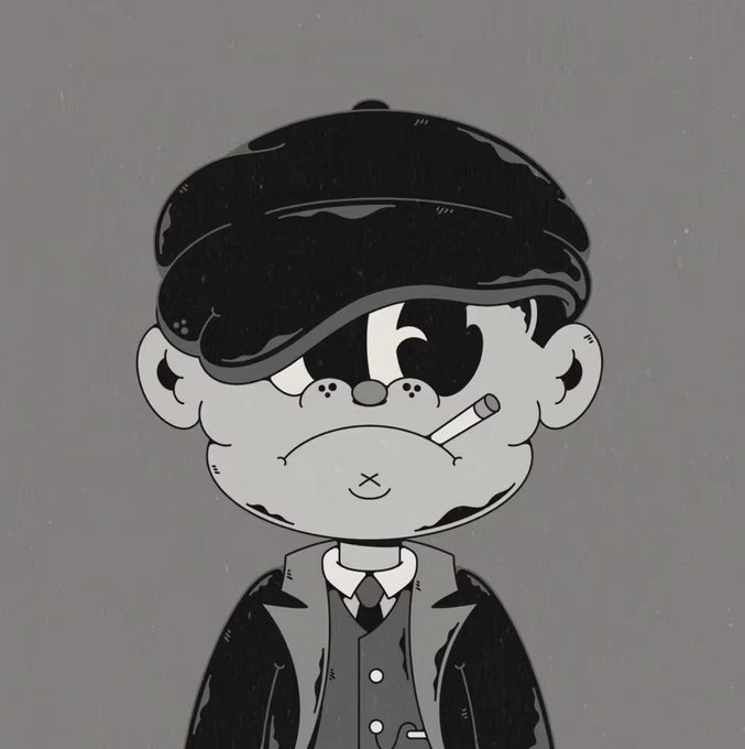 A cartoonish grayscale illustration of a man wearing a black flat cap, with a cigarette dangling from his mouth and a scowling expression, dressed in a suit with a vest and tie.