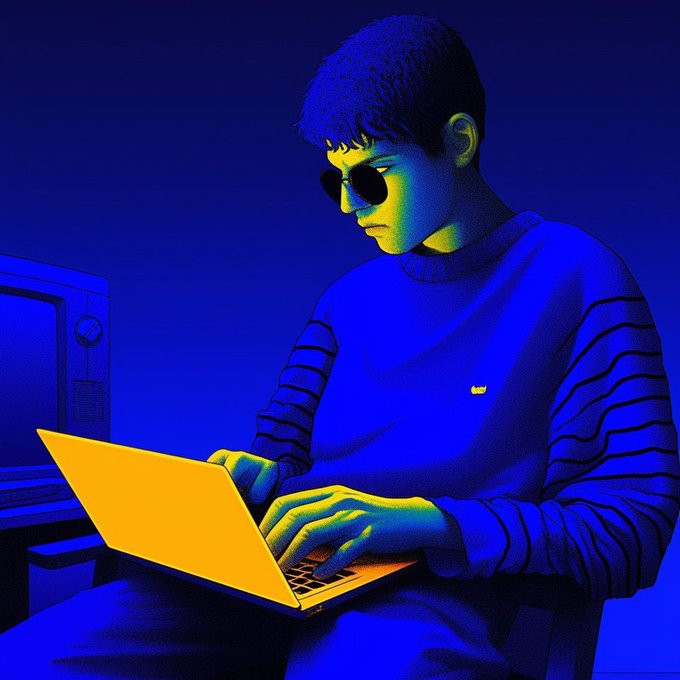 A stylized blue and yellow digital illustration of a person wearing sunglasses and a sweater working on a laptop in a dark room with a monitor visible in the background.
