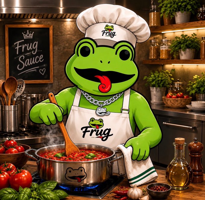 A vibrant digital illustration of an anthropomorphic green frog wearing a chef's hat and apron branded with 'Frug', cooking tomato sauce in a pot in a kitchen with a 'Frug Sauce' chalkboard sign.
