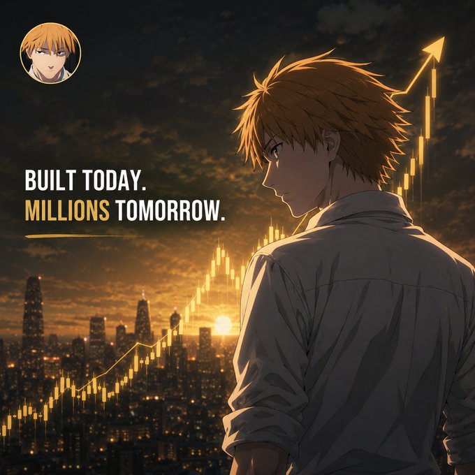 An anime-style illustration features a blonde-haired character gazing out at a city skyline at sunset, overlaid with an ascending financial chart and the text "BUILT TODAY. MILLIONS TOMORROW."