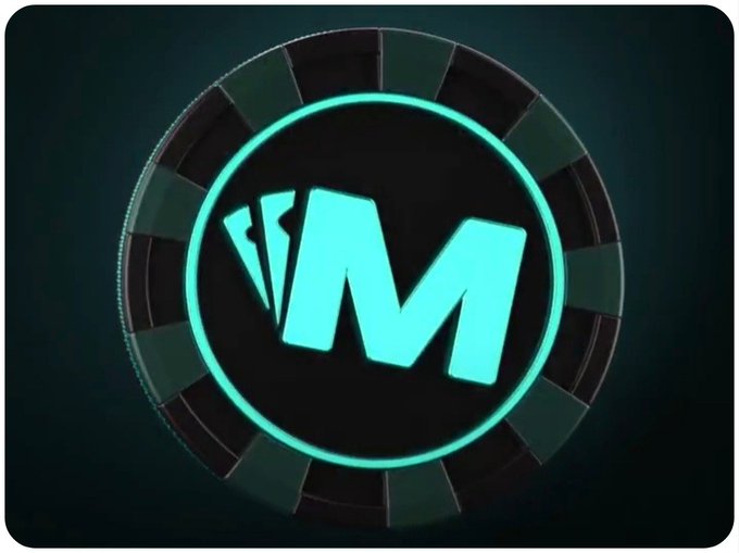 A glowing cyan stylized 'M' or 'W' logo enclosed in a circular frame against a dark background with a poker-chip-like outer ring.