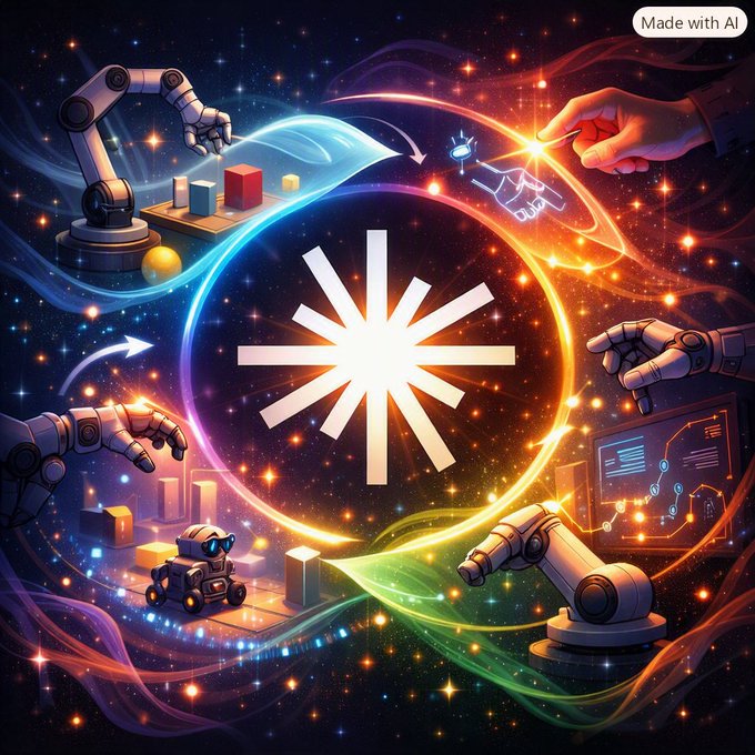A colorful space-themed illustration with 'Made with AI' in the corner, showing robotic arms and human hands interacting with a central starburst design.