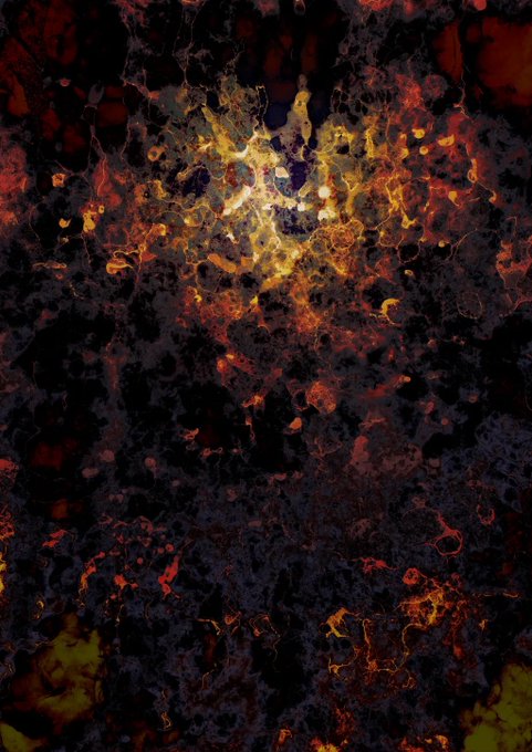 Abstract digital artwork with a fiery, molten texture in dark reds, oranges, and yellows against a black background.