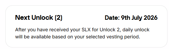 The image displays an informational card about "Next Unlock (2)" dated 9th July 2026, explaining that after receiving SLX tokens for Unlock 2, daily unlocks will be available based on the selected vesting period, which relates to the Solstice Finance SLX token claim process mentioned in the post.