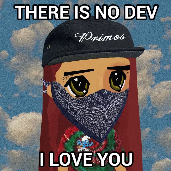 An NFT-style artwork of a character wearing a 'Primos' cap, blue bandana mask, and red outfit with a Smurf graphic, with bold white text reading 'THERE IS NO DEV' and 'I LOVE YOU'.