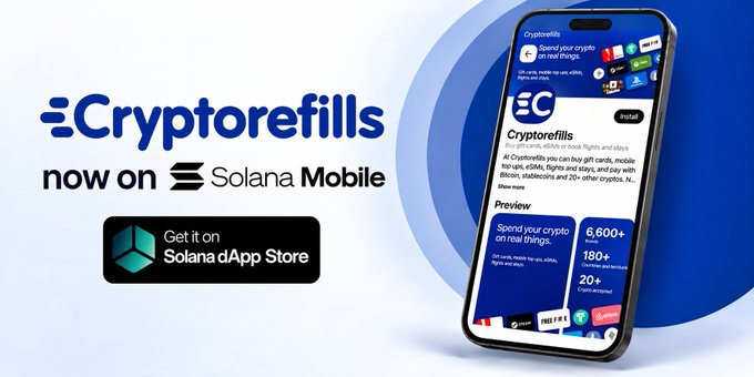 A promotional graphic for 'Cryptorefills' announces it is 'now on Solana Mobile,' showing the app available on the 'Solana dApp Store' alongside a smartphone mockup.