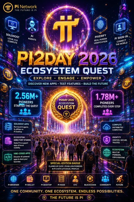 A promotional poster for 'Pi2DAY 2026 ECOSYSTEM QUEST' highlights 2.56M+ pioneers who started and 1.78M+ who completed every step, with 'THE FUTURE IS PI' tagline.