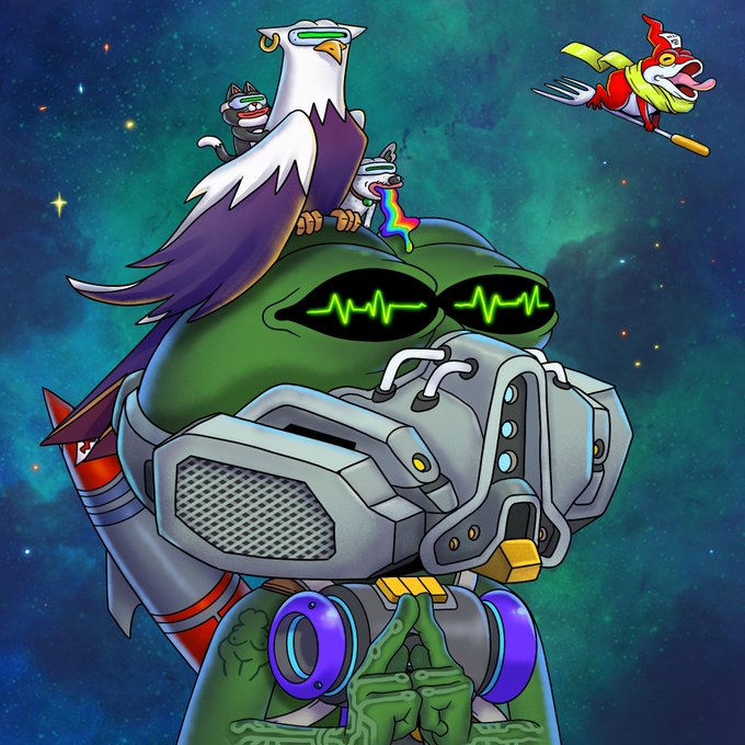 The image features a cartoon character with a robot-like appearance wearing a helmet and goggles, standing against a backdrop of stars and planets. The character appears to be in a meditative state or preparing for battle. The caption below the image reads "I just saw that I have this beauty, number 54 in rarity. Seriously cool, it looks like a cyborg Pepe in full meditation before the fight".