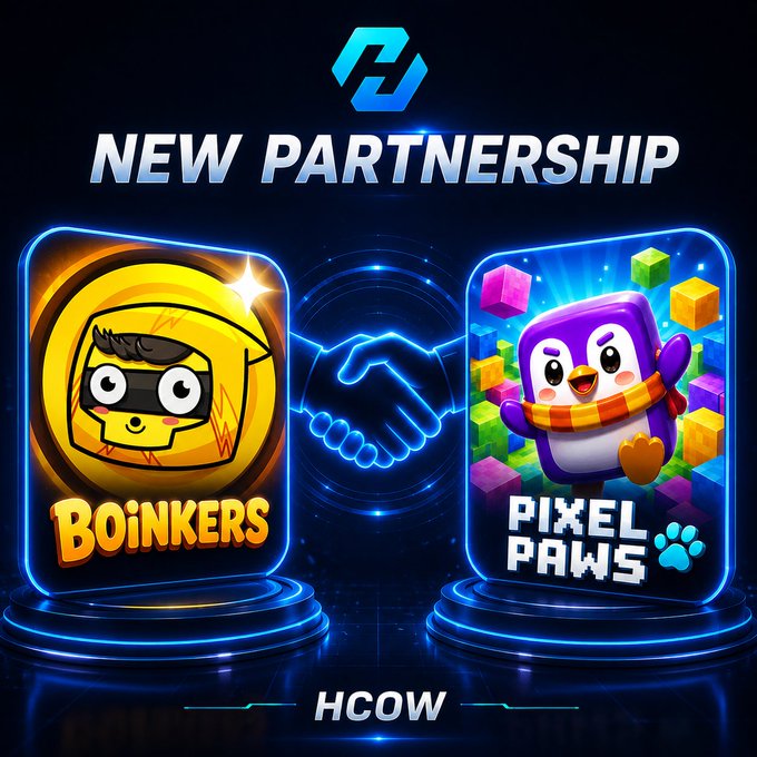 A 'NEW PARTNERSHIP' announcement graphic by HCOW features two colorful game icons: 'BoInkers' (a yellow character with a mask) and 'Pixel Paws' (a purple penguin with a scarf). A glowing blue handshake symbolizes the collaboration between the two games.