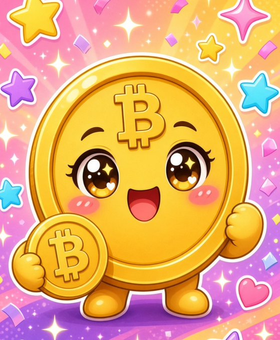 A cartoon-style illustration of a cute, anthropomorphic gold Bitcoin coin with a big smile, holding a smaller Bitcoin, set against a pastel background with stars and hearts.