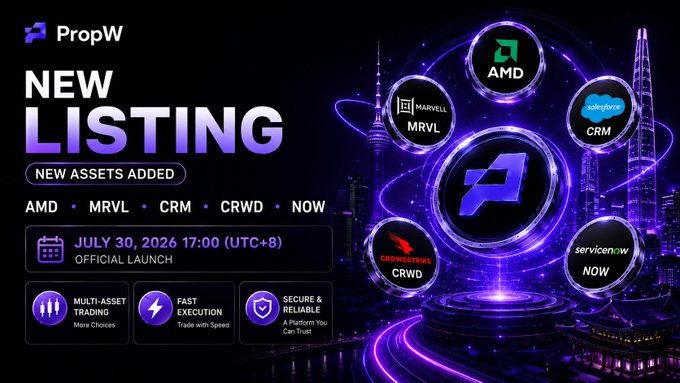 A promotional graphic for PropW announcing a 'NEW LISTING' of assets including AMD, MRVL, CRM, CRWD, and NOW, set for an official launch on July 30, 2026.