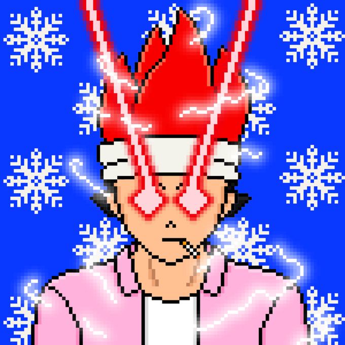 A pixel art style illustration of a person with spiky red hair, a white headband, and a pink jacket, set against a blue background patterned with white snowflakes.