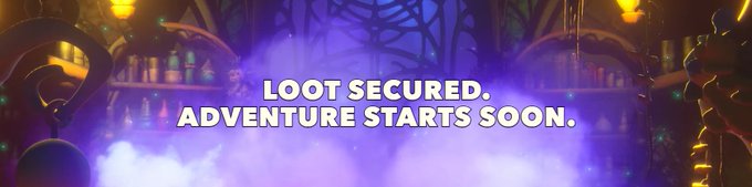 A fantasy-themed scene with glowing purple smoke in front of an arched library or magical interior, displaying the text 'LOOT SECURED. ADVENTURE STARTS SOON.'