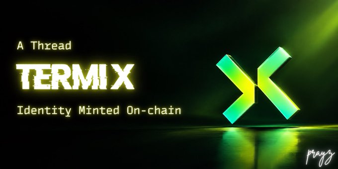 A dark promotional banner with a glowing green and yellow "X" logo on the right features the text "A Thread TERMIX Identity Minted On-chain" on the left, visually reinforcing the post's message about Termix's on-chain identity solution that gives users true ownership of their profiles and data instead of relying on platforms.