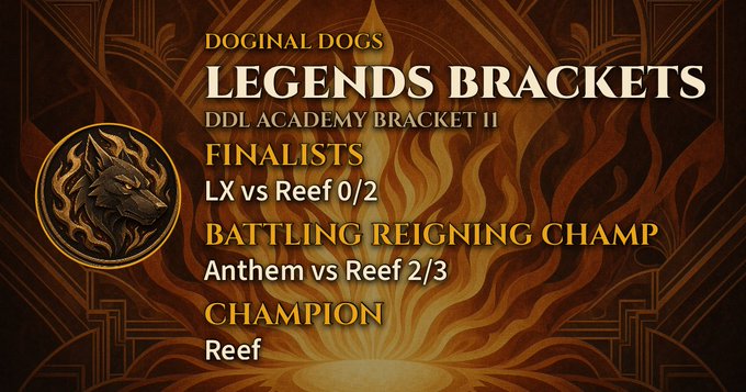 A promotional graphic with a flame background announces 'DOGINAL DOGS LEGENDS BRACKETS DDL ACADEMY BRACKET II' with Finalists 'LX vs Reef 0/2', 'BATTLING REIGNING CHAMP Anthem vs Reef 2/3', and 'CHAMPION Reef'.