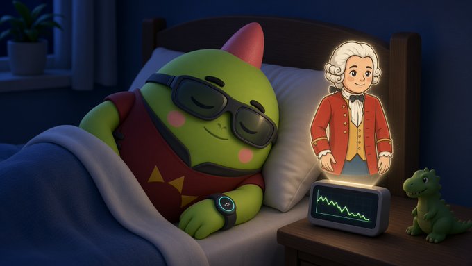 A green, smiling creature wearing sunglasses sleeps in bed while a hologram of Mozart in an 18th-century red coat projects above a smart display showing a green sleep graph, alongside a small toy dinosaur. The scene visualizes the post's mention of "Sleep Coach" reviewing overnight data—captured by the ring's dip indicator—and coaching against late-night habits (the "late pour") and blocked airways, rather than dismissing disrupted sleep as normal.