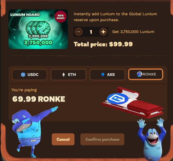 The image shows a computer screen displaying a payment page for a cryptocurrency called Lunum. The screen has a list of items, including a red box with a blue logo, which appears to be a gaming item or accessory. There are also two characters in the image - one character is wearing a blue outfit and holding a red object, while another character is dressed in a blue outfit and holding a red object as well. The text on the screen indicates that the user can pay using Lunum, and there's an option to confirm their purchase.