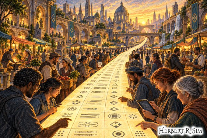 A vibrant marketplace scene shows diverse citizens gathered around a long, glowing scroll inscribed with cryptographic symbols and codes, exchanging goods and digital ledgers as ancient domed architecture rises in the sunset background. The image illustrates the post's theme of "Money Without Permission," depicting peer-to-peer commerce using cryptographic methods as an alternative to institutional financial systems. The text "HERBERT R. SIM" is visible in the bottom right corner as the artist's signature.