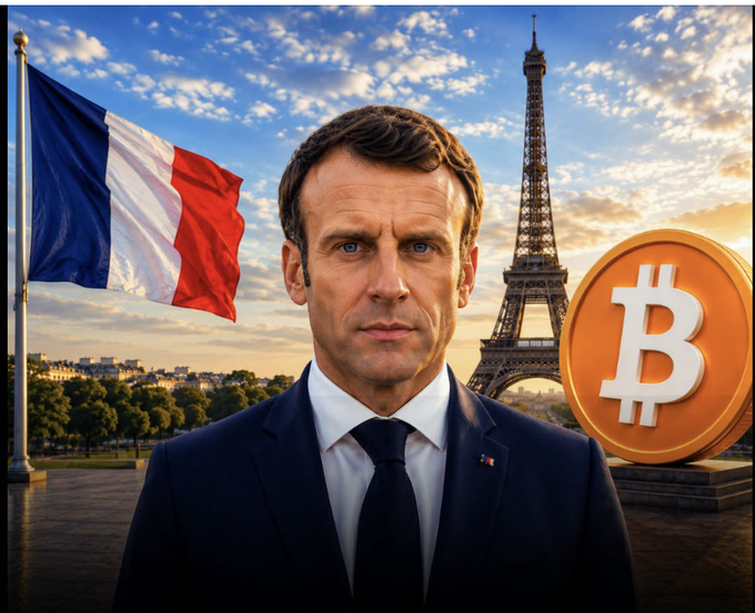 A digital composite image featuring French President Emmanuel Macron in the foreground, with the French flag, the Eiffel Tower, and a large Bitcoin coin in the background.