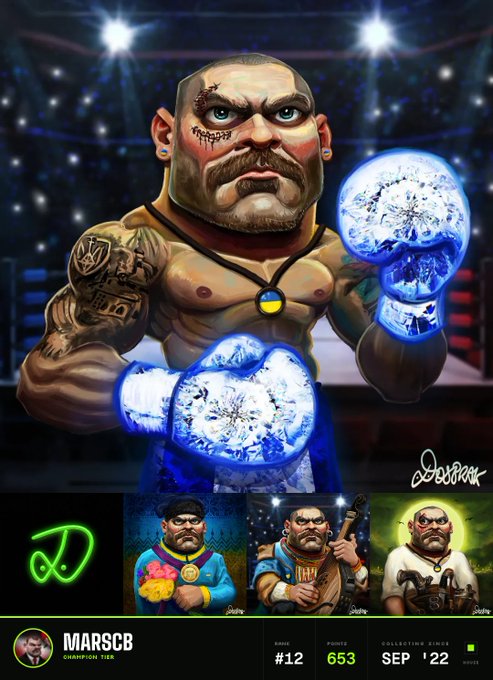 A digital collectible card featuring a muscular, tattooed wrestler with glowing blue ice gloves in a boxing ring, branded 'MARSCB CHAMPION TIER', rank #12, power 653, with 'Collecting Since SEP '22' and artist signature 'DJBishop'.