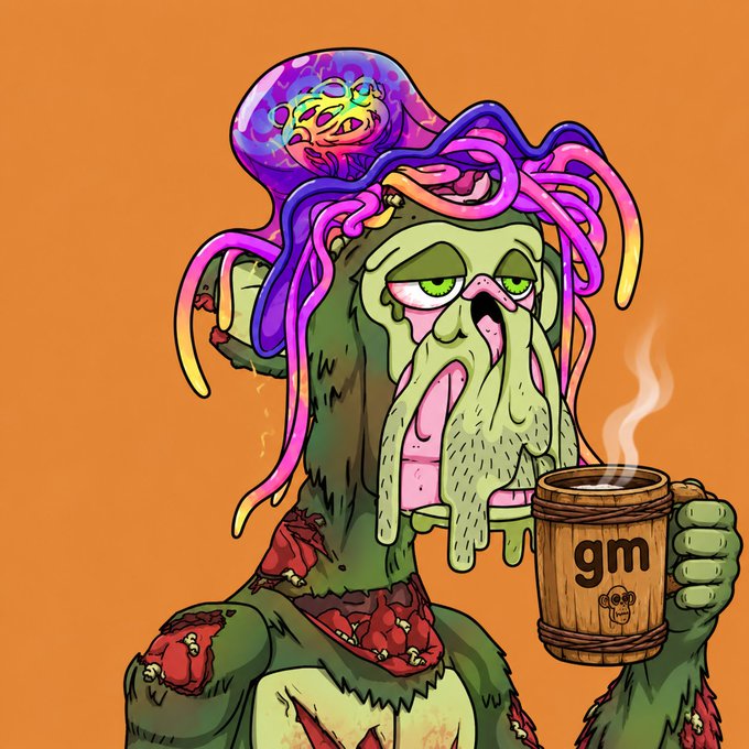 A colorful digital illustration of a zombie-like Cthulhu creature with tentacles and a brain exposed on top of its head, holding a wooden mug labeled 'gm' on an orange background.
