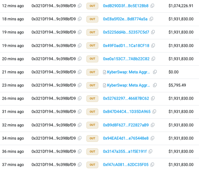 The image displays a blockchain transaction history showing multiple large outgoing transfers (~$1.93M each) from wallet "0x321Df194...9c398bfd9" to various addresses within a short timeframe, totaling over $23 million. This correlates with the post reporting that the Ostium perpetual exchange on ARB was hacked for $23 million, with the attacker having compromised the Oracle Signer's private key through social engineering to drain funds.