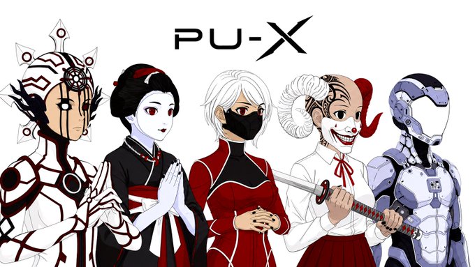 Five anime-style characters in red, white, and cyberpunk outfits stand together beneath the text 'PU-X'.