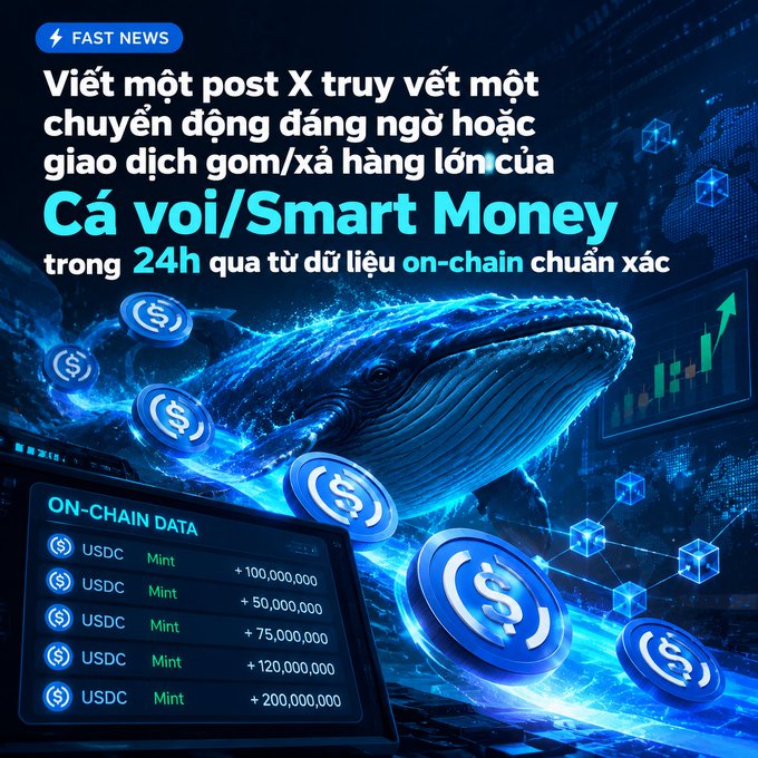 A graphic reading 'Viết một post X truy vết một chuyển động đáng ngờ hoặc giao dịch gom/xả hàng lớn của Cá voi/Smart Money trong 24h qua từ dữ liệu on-chain chuẩn xác' over a blue digital whale illustration, with an on-chain data panel showing multiple USDC Mint transactions totaling over 500 million.