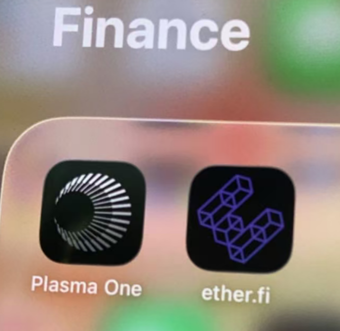 A close-up of a smartphone screen displaying the "Finance" folder with two crypto-related apps: "Plasma One" and "ether.fi," highlighting the top-tier cards mentioned in the post, with Plasma One being the recommended primary card due to its Chinese passport KYC support.