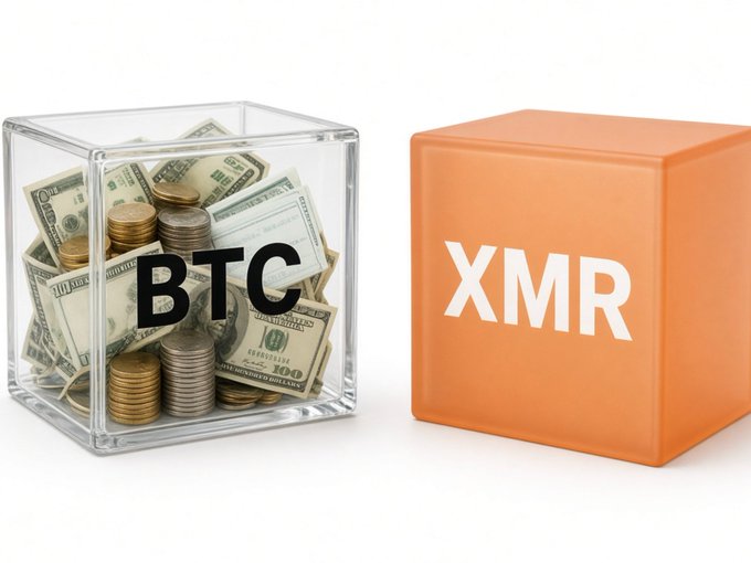 A clear box labeled "BTC" filled with US dollar bills and coins sits next to an opaque orange box labeled "XMR."