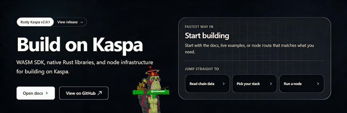 A webpage banner promoting Rusty Kaspa v2.0.1 with the text 'Build on Kaspa' and 'WASM SDK, native Rust libraries, and node infrastructure for building on Kaspa.'