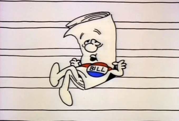 Image 4: A hand-drawn cartoon depicts a personified, unrolled piece of lined paper with a face and limbs, sitting against a lined background and holding a shield labeled 'BILL'.