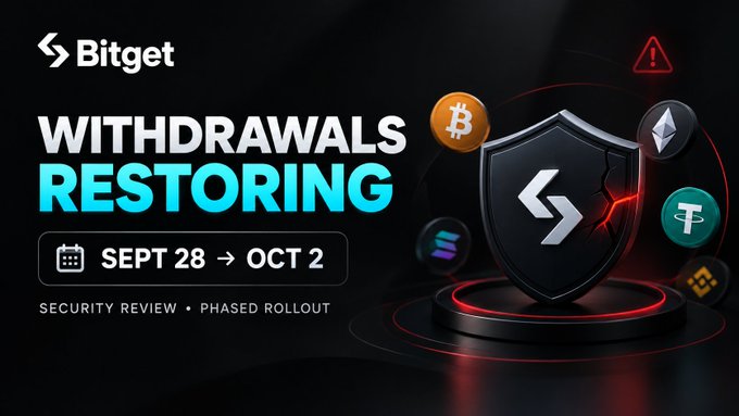A Bitget promotional banner reading 'WITHDRAWALS RESTORING' with dates 'SEPT 28 → OCT 2' and 'SECURITY REVIEW • PHASED ROLLOUT', featuring cryptocurrency logos around a shield.