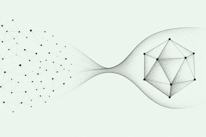 An abstract black-and-white graphic depicting a network of scattered nodes flowing through a funnel-like shape into a structured icosahedral geometric figure.