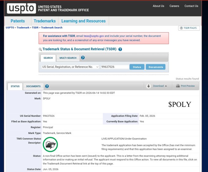 The image shows a webpage from the United States Patent Office (USPTO) that displays information about a patent application called "POLY". The application is for a digital currency or token, which is being developed by Polymarket. The USPTO has approved the application and is now preparing to launch it in the market. This new digital currency will be used by members of an online community who can access it through their online platforms.